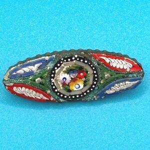 Vintage Floral Micro Mosaic Brooch Pin Oval Floral Made in Italy